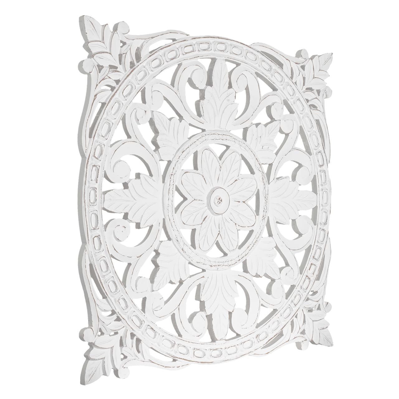 American Art D&#xE9;cor&#x2122; 30&#x22; White Hand-Carved Square Floral Wood Medallion